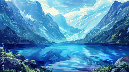 Sea bay fantasy mountain landscape. A big blue lake photo