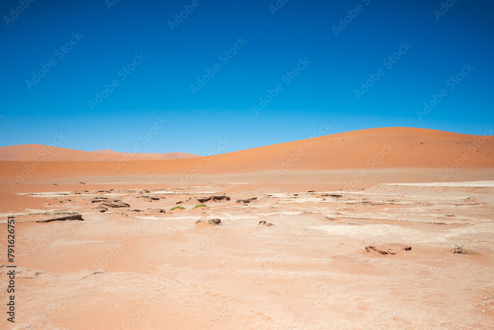 Dried-up water pan in the desert surrounded by sand dunes.