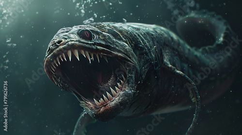 Sea monster open its mouth with teeth fantasy underwater