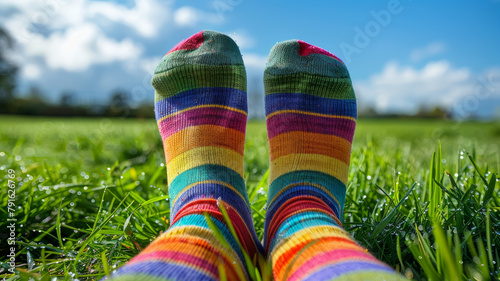 Colorful striped socks in the grass.