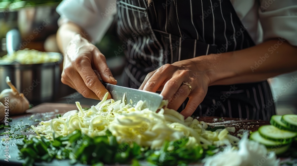 A close up shot of a young woman dressed in white shirt and black apron, chopping green cabbage like a pro, close up shot. bright room, chopping with knife, chopping. Generative AI. - obrazy, fototapety, plakaty 