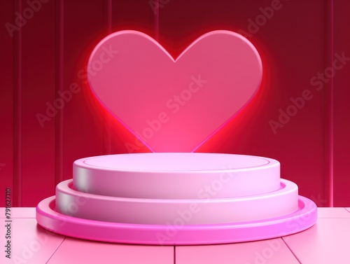 Pink podium heart shape red background neon