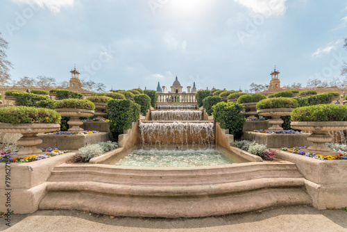 View of Montjuic fountain and National Museum in Barcelona. Spain.
