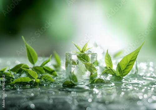 Fresh Tea Leaves in Ice Cube - White Studio Background