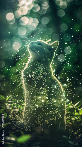 Glowing Cat Outline with Bokeh Light Effects