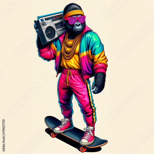 A stylish female gorilla, with colored glasses and a radio