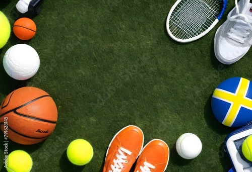 A variety of sports equipment including a tennis racket  tennis balls  a basketball  and sneakers on a grassy background
