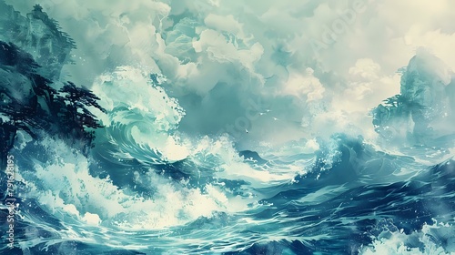 Enchanting Chinese Art: Azure Sea with Dynamic Waves