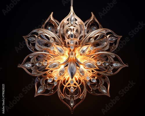 3D rendering of a glowing, ornate, metallic flower chandelier.