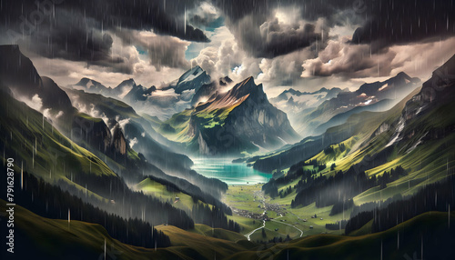 Alpine Rain Art: Switzerland Alps Painted with Rain, Showcasing the Artistry of Nature in the Rain Season - Stock Photo Concept