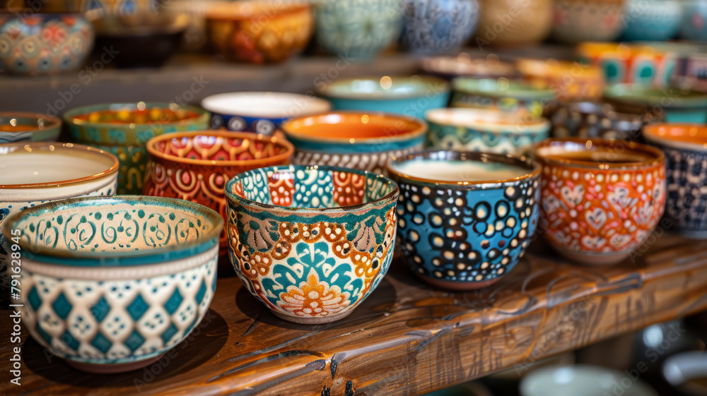 Colorful ceramic bowls on a shelf. Colorful ceramic bowls on a shelf.