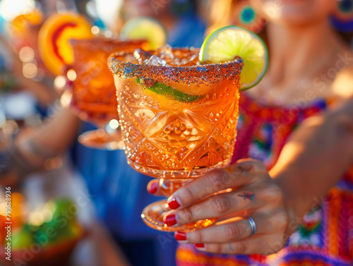 Hands holding traditional Mexican margaritas in glasses with salted rims, presented on colorful ceramic plates. Holiday, celebration, festivity.