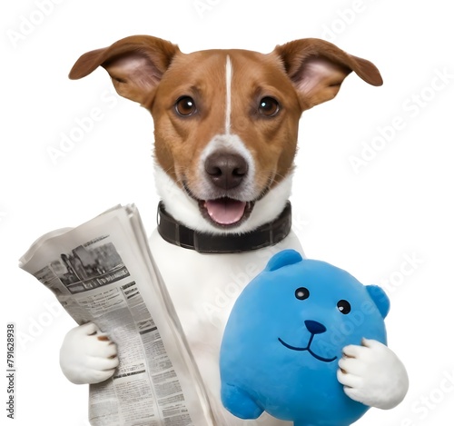 A brown and white dog with perky ears holding a blue stuffed animal and a newspaper © aicha