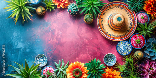 Cinco de mayo holiday vivid blue and pink textured backdrop with sombrero surrounded by cacti and traditional Talavera pottery . Copy space for text.