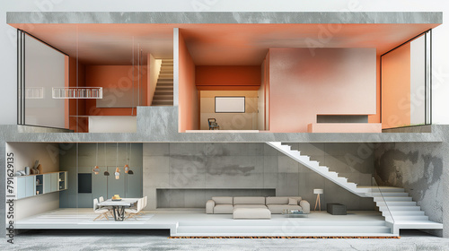 House concept. Sliced house with interior. 3d illustration