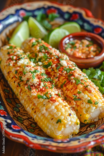 Grilled corn with herbs and spices, accompanied by lime wedges and fresh salsa in a rustic ceramic bowl. Perfect for food articles and blog.