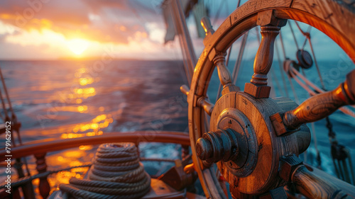Ship's helm at sunset on the sea