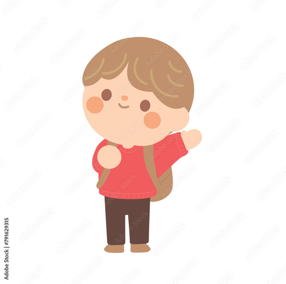 cute students going to school with backpacks. kids going to elementary or middle school. brown hair boy wear red costume wave hand and go to Kindergarten School children.vector illustration handdraw. cute students going to school with backpacks. kids going to elementary or middle school. brown hair boy wear red costume wave hand and go to Kindergarten School children.vector illustration handdraw.