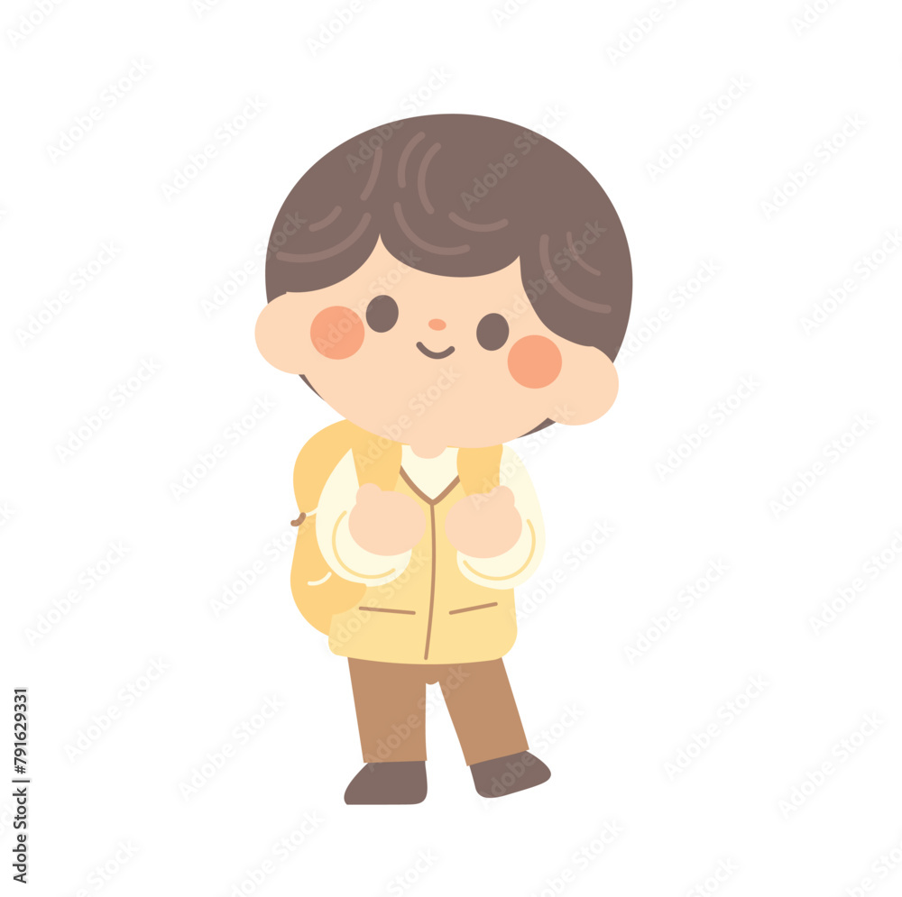cute students going to school with backpacks. kids going to elementary or middle school. brown hair boy wear yellow costume go to Kindergarten School children. vector illustration handdraw. 