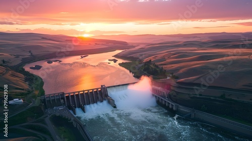 Dramatic sunset over rolling hills with a hydroelectric dam in the foreground. Beautiful landscape. Captivating scenery captured at dusk. AI photo