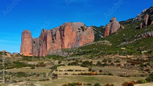 Panorama of Mallos De Riglos rocks in Huesca province, Aragon, Spain in Europe photo