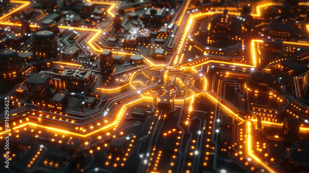 High-tech 3D circuit board layout with glowing pathways and nodes