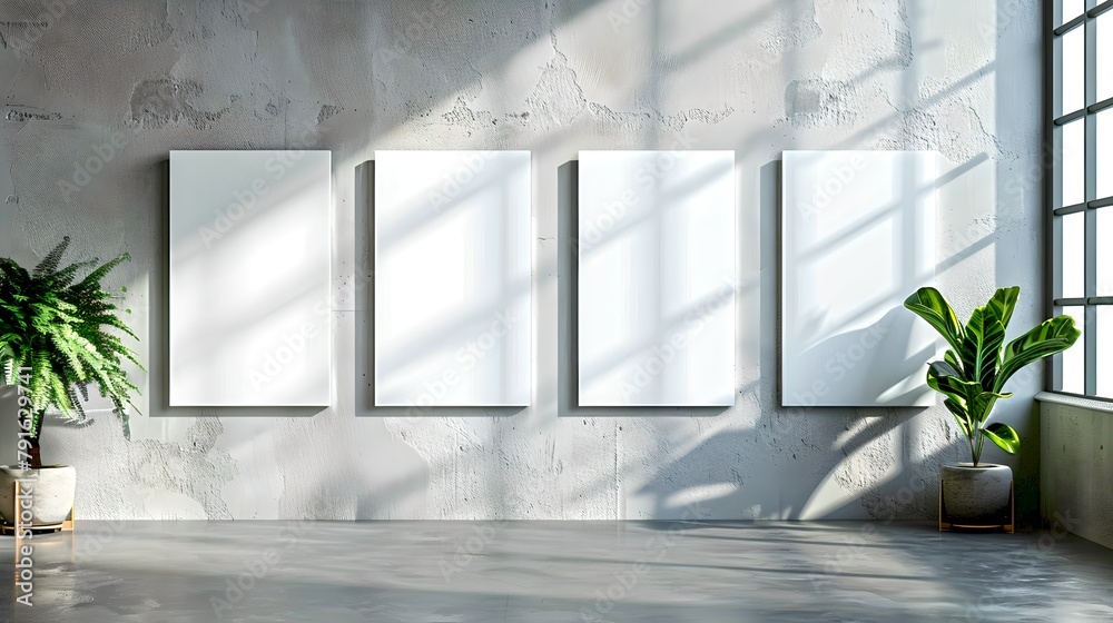 Modern minimalistic art gallery interior with blank frames. Sunlight casting shadows on white wall. Perfect for display in photo stocks. Simple and clean design aesthetic. AI Modern minimalistic art gallery interior with blank frames. Sunlight casting shadows on white wall. Perfect for display in photo stocks. Simple and clean design aesthetic. AI