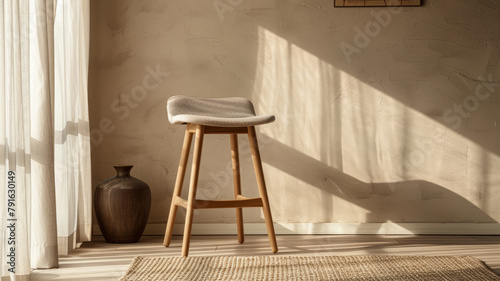 A minimalist room with a chair and sunlight.