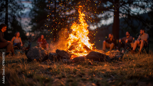 Group of people around a campfire at dusk photo