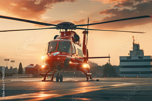 An air ambulance touches down on a hospital helipad - underscoring aviation's vital role in delivering life-saving emergency medical services photo