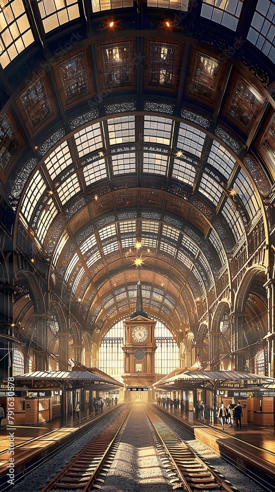 D Rendering Intricate Train Station Design Bathed in Morning Light