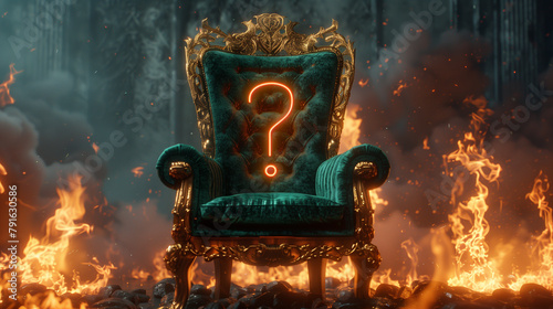 Green velvet throne with golden elements with a neon question mark on the throne. Burning flames in the background, hot seat concept photo