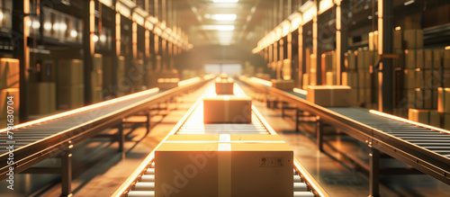 modern conveyor belt in a distribution warehouse with cardboard box