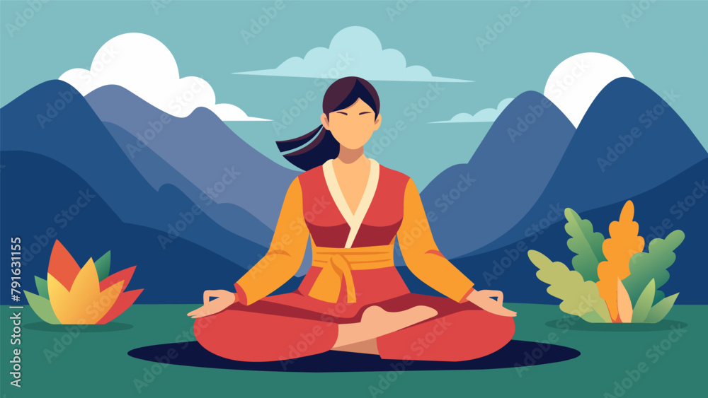 A female martial artist meditating in a tranquil outdoor setting reflecting on the mental and emotional benefits that martial arts has brought