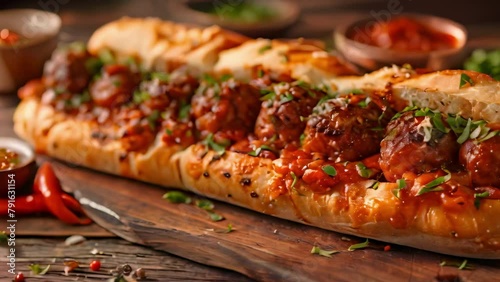 Scrumptious Meatball Sub Delight with Cheese and Herbs. Concept Food Photography, Sandwiches, Meatball Sub, Cheese, Herbs photo