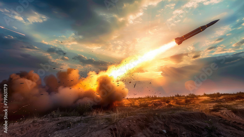 Missile strike on enemy position. Antiaircraft forces, military industry. photo