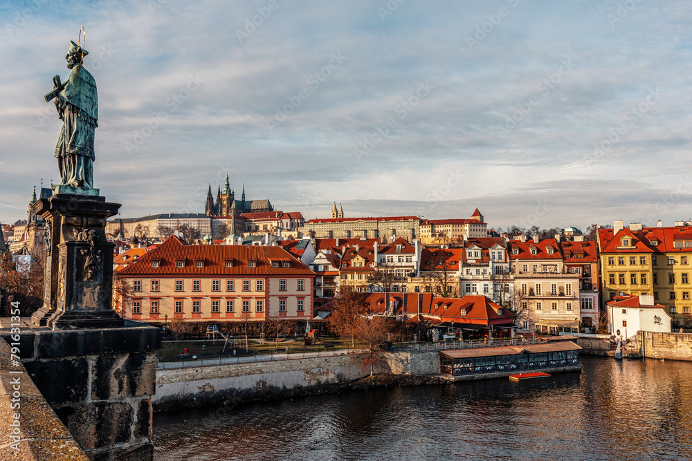 View of old town and famous St. Vitus Cathedral from the Charles Bridge in Prague, Czech Republic.