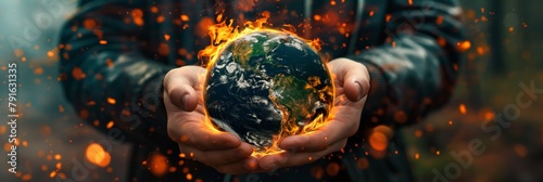 Dramatic imagery of a person holding a world on fire symbolizing environmental destruction and global warming