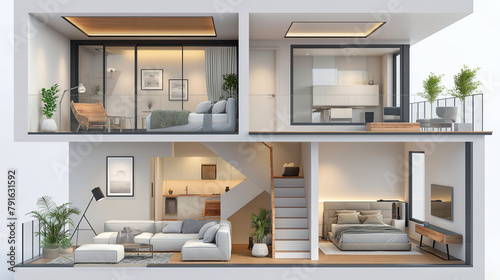 House concept. Sliced house with interior. 3d illustration