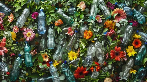 Background with plastic bottles among flowers and plants. Recycle, environmental contamination, pollution problem, ecology concept