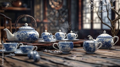 A blue and white tea set on a wooden table in a still life photography scene