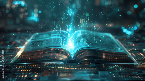 E-book Digital form of textbooks and reading materials, Education concept, futuristic background