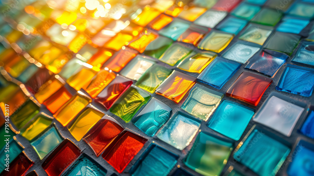 Colorful glass tiles in sunlight, 70 characters.