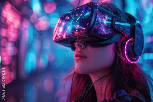 A woman wearing a VR headset is immersed in a virtual world. photo