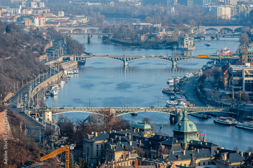 Aerial view of old town with Bridges in Prague. Czech Republic.