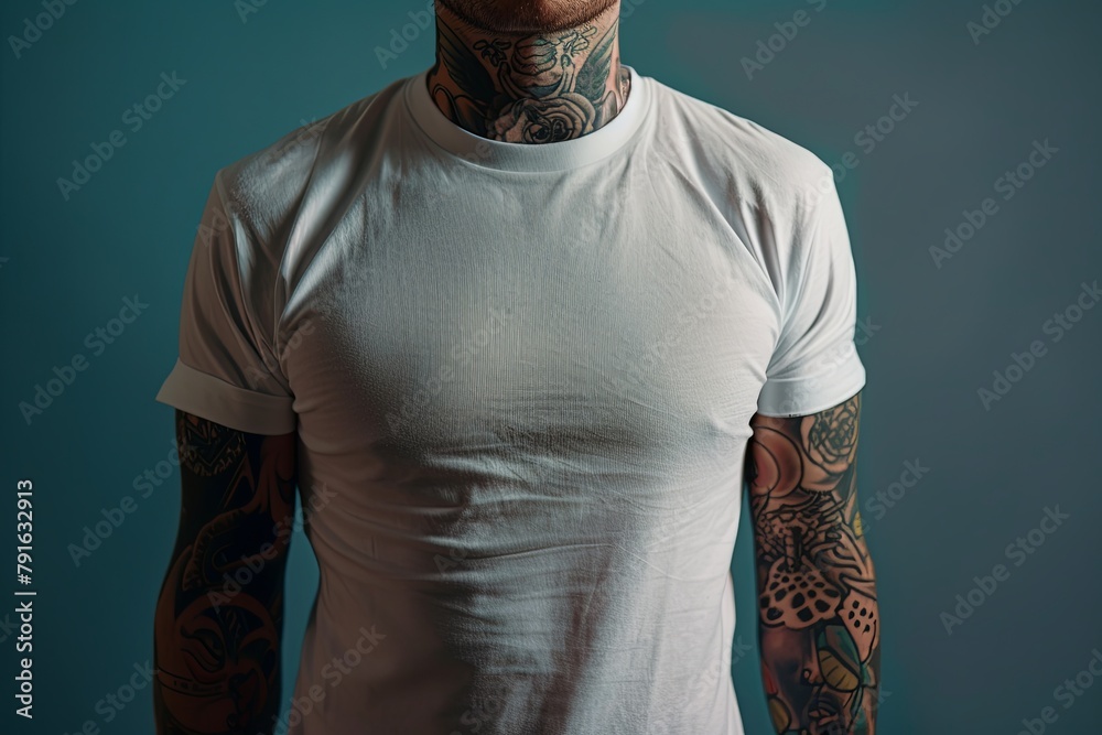 A man with tattoos on his arms and neck is wearing a white tshirt