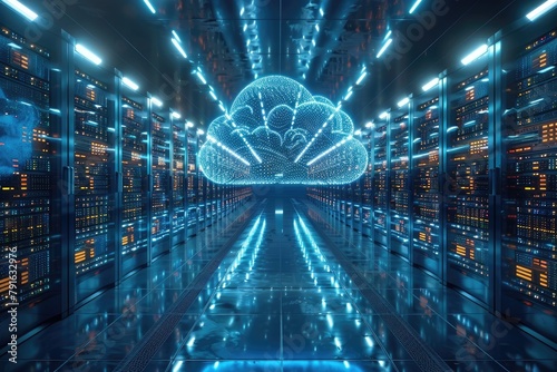 futuristic data center with glowing blue cloud in center photo
