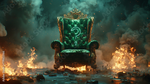 Green velvet throne with golden elements with a neon question mark on the throne. Burning flames in the background, hot seat concept photo