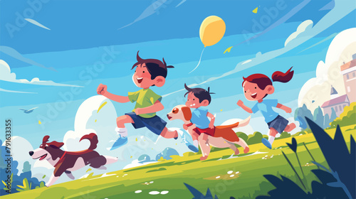Kids play in summer park vector illustration. Carto