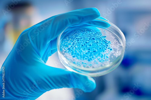 Scientist in blue gloves holding dish with bacterial or viral samples